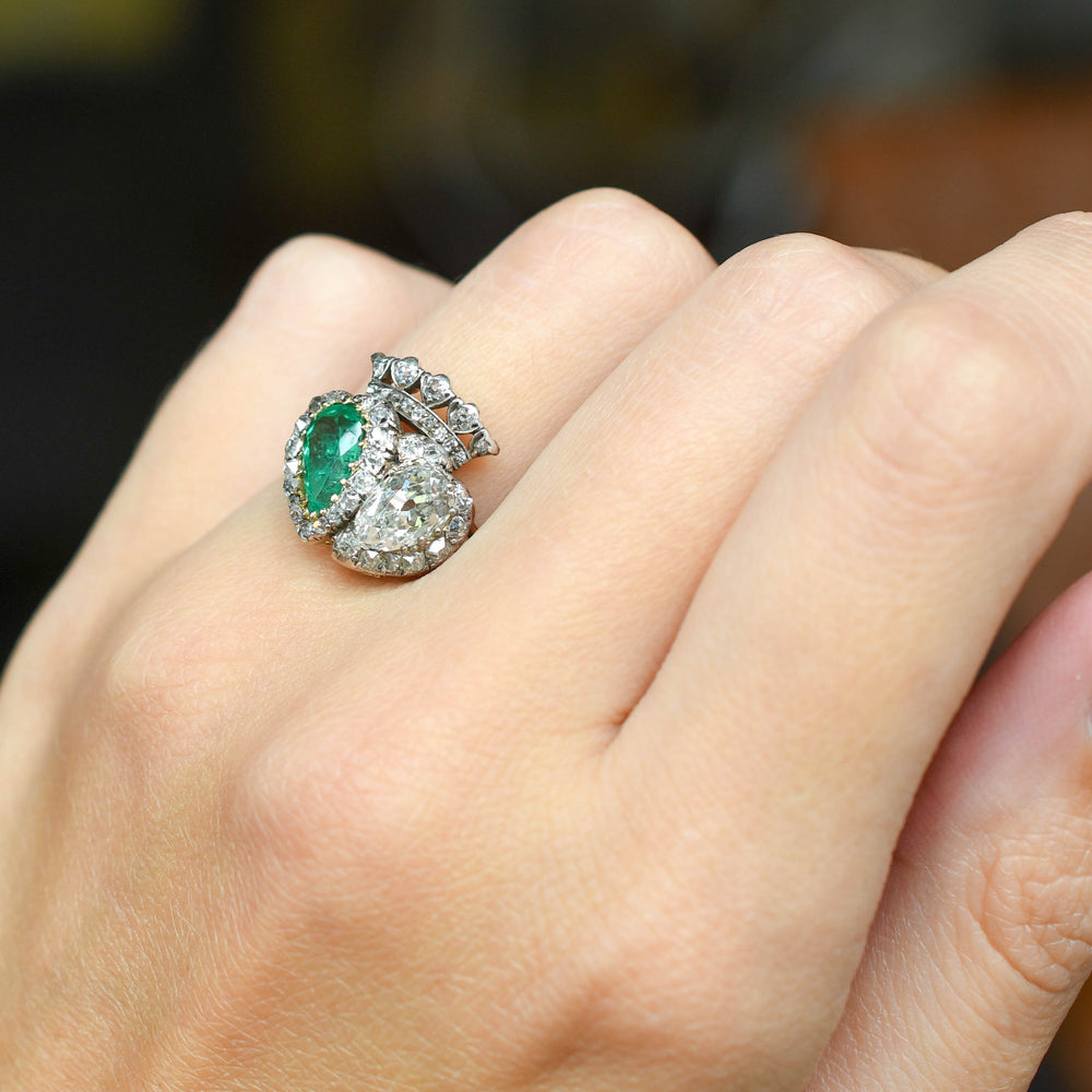 Exceptional Antique Emerald & Diamond Double Heart Ring