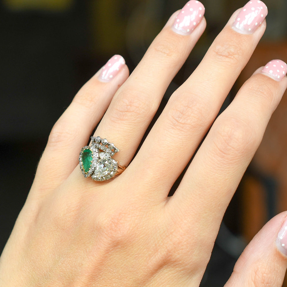 Exceptional Antique Emerald & Diamond Double Heart Ring