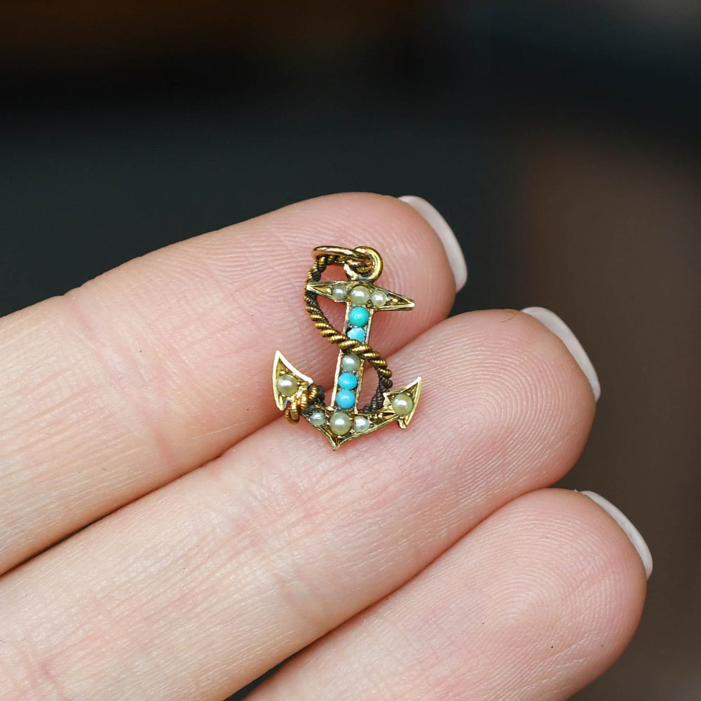 Edwardian Turquoise & Pearl Lucky Anchor Charm