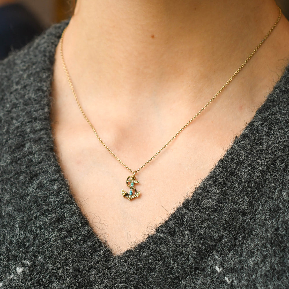 Edwardian Turquoise & Pearl Lucky Anchor Charm