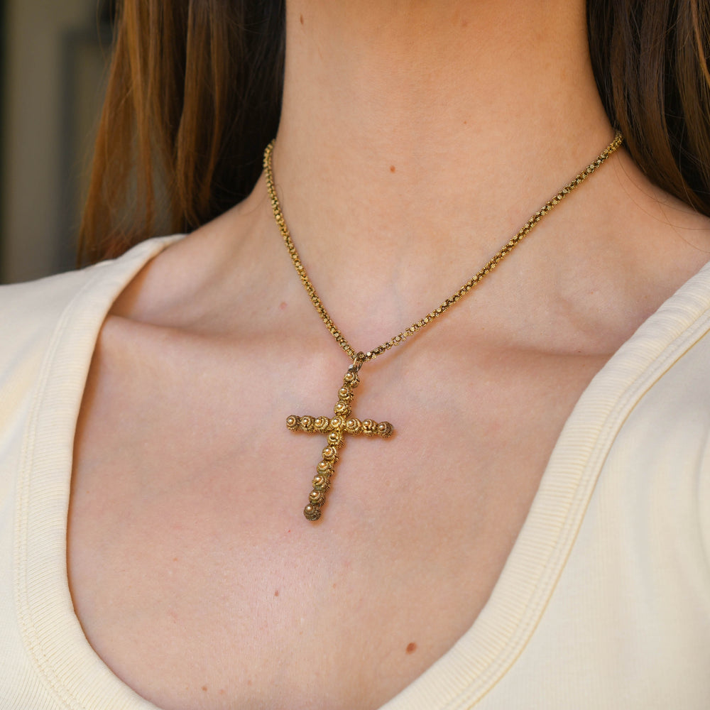 Georgian Cannetille Cross Pendant & Chain