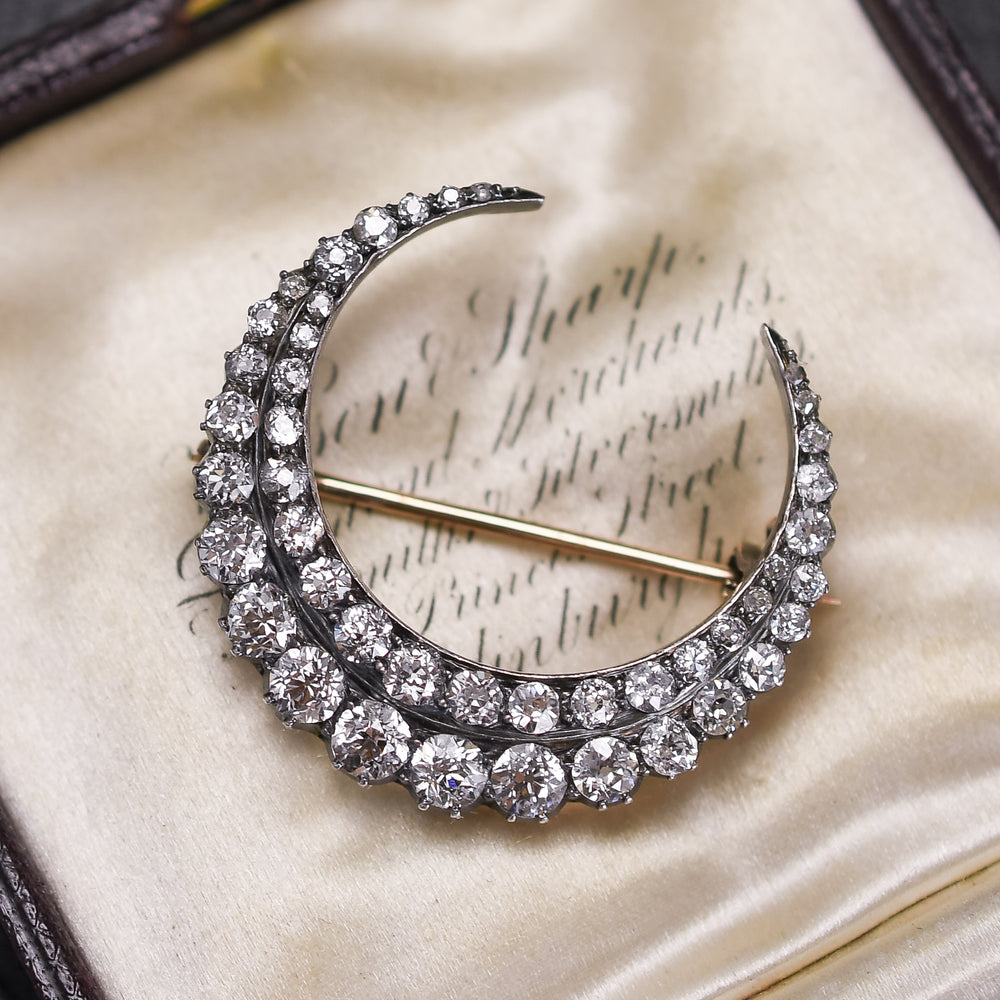 Victorian Diamond Crescent Moon Brooch