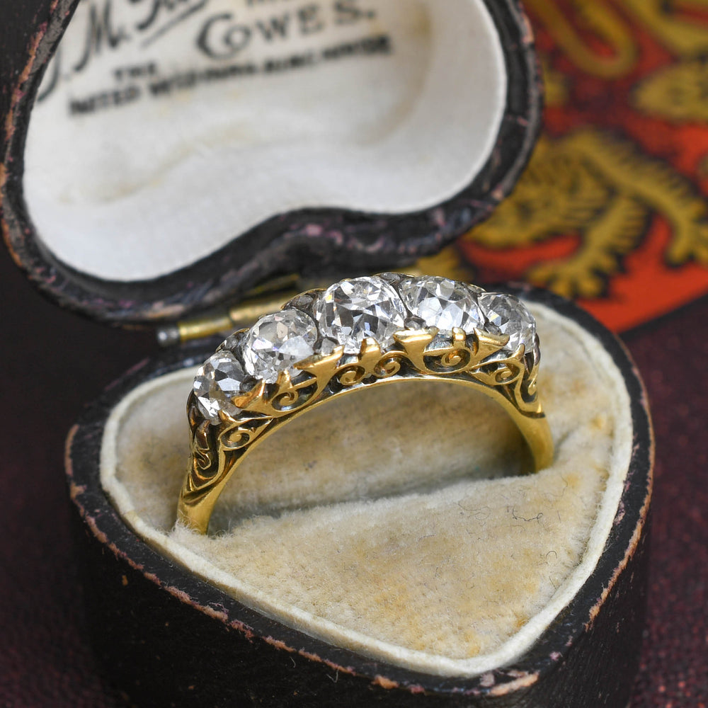 Victorian Diamond 5-Stone Carved Half Hoop Ring