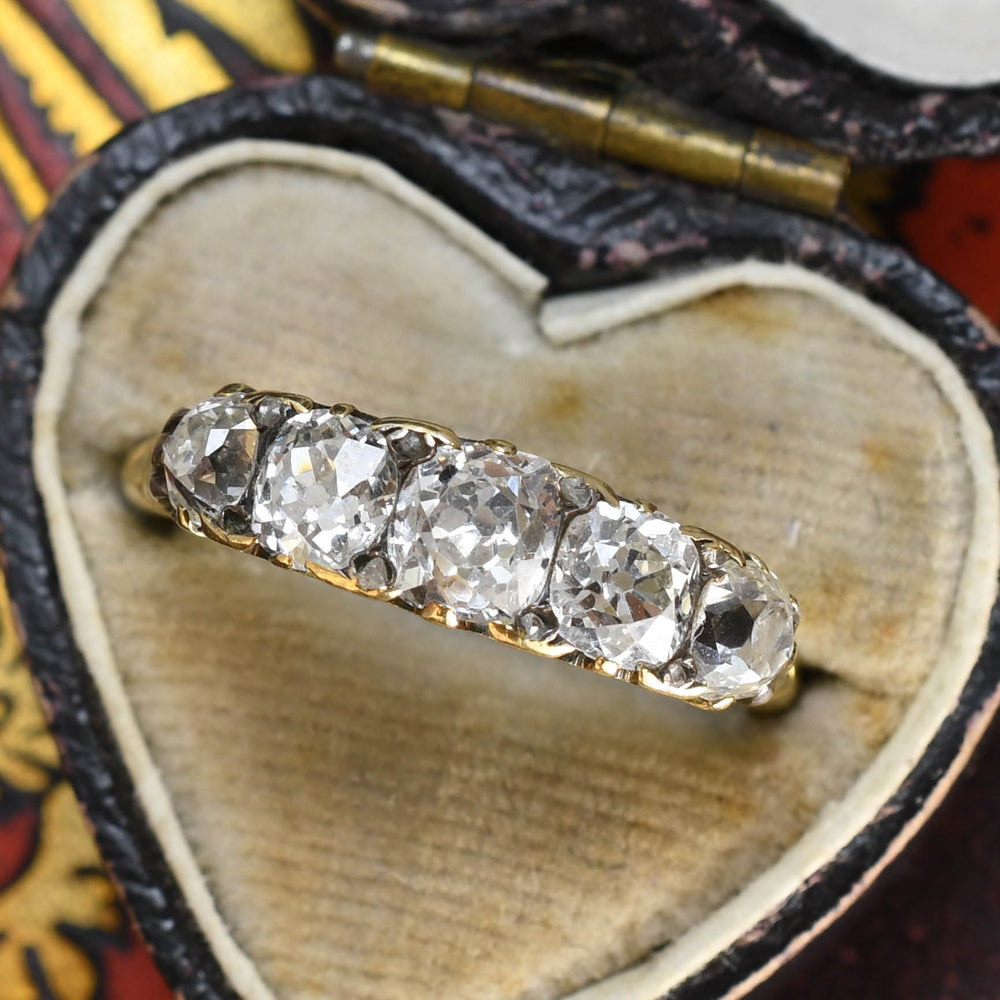 Victorian Diamond 5-Stone Carved Half Hoop Ring