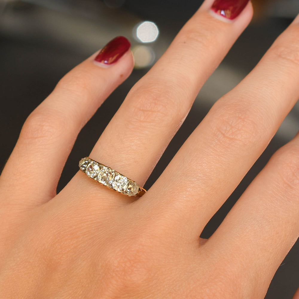 Victorian Diamond 5-Stone Carved Half Hoop Ring