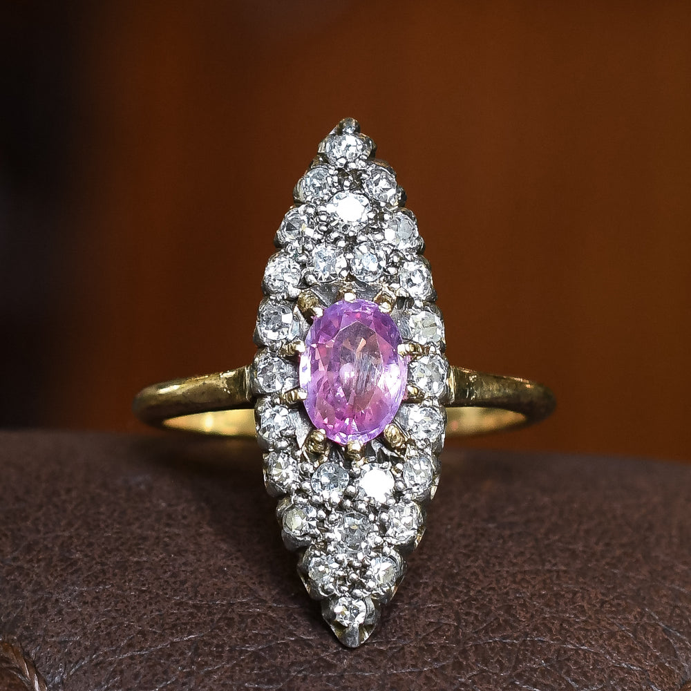 Victorian Tourmaline & Diamond Navette Cluster  Ring