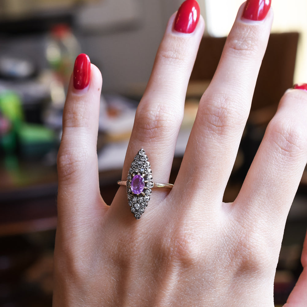 Victorian Tourmaline & Diamond Navette Cluster  Ring