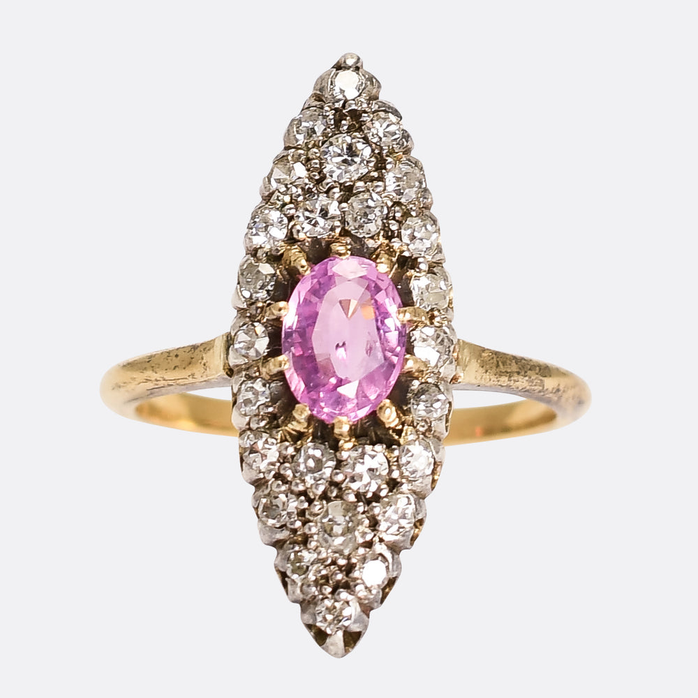 Victorian Tourmaline & Diamond Navette Cluster  Ring