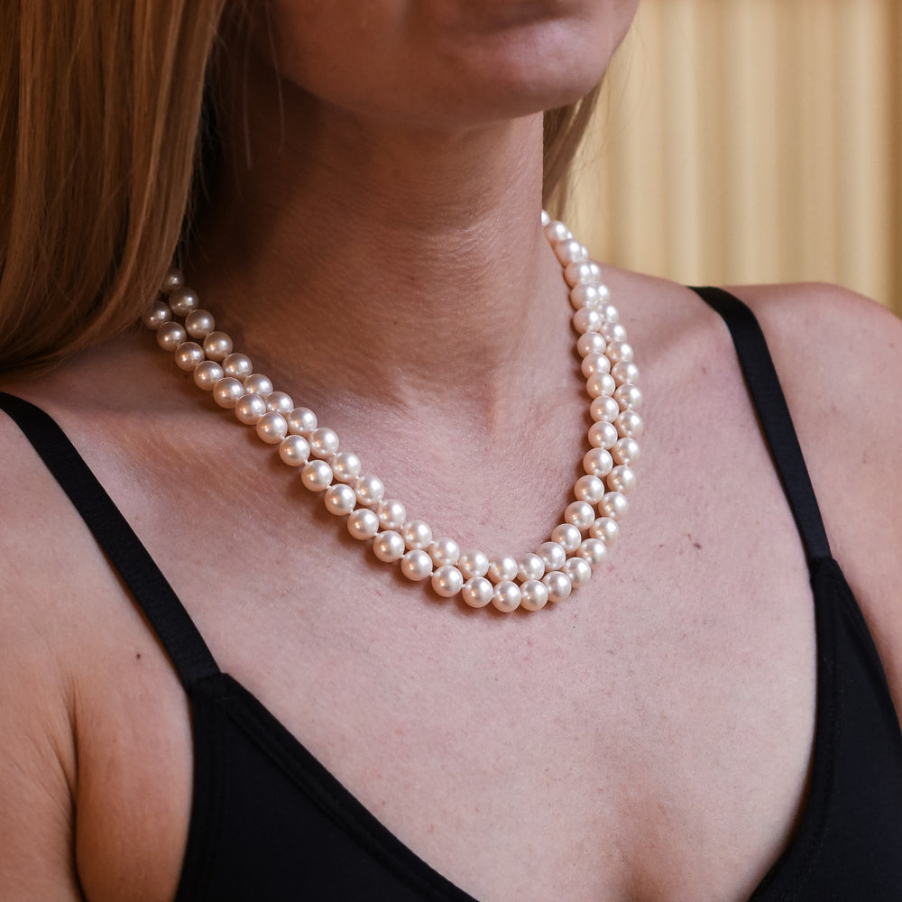 Vintage Double Strand Pearl Necklace with Diamond Clasp