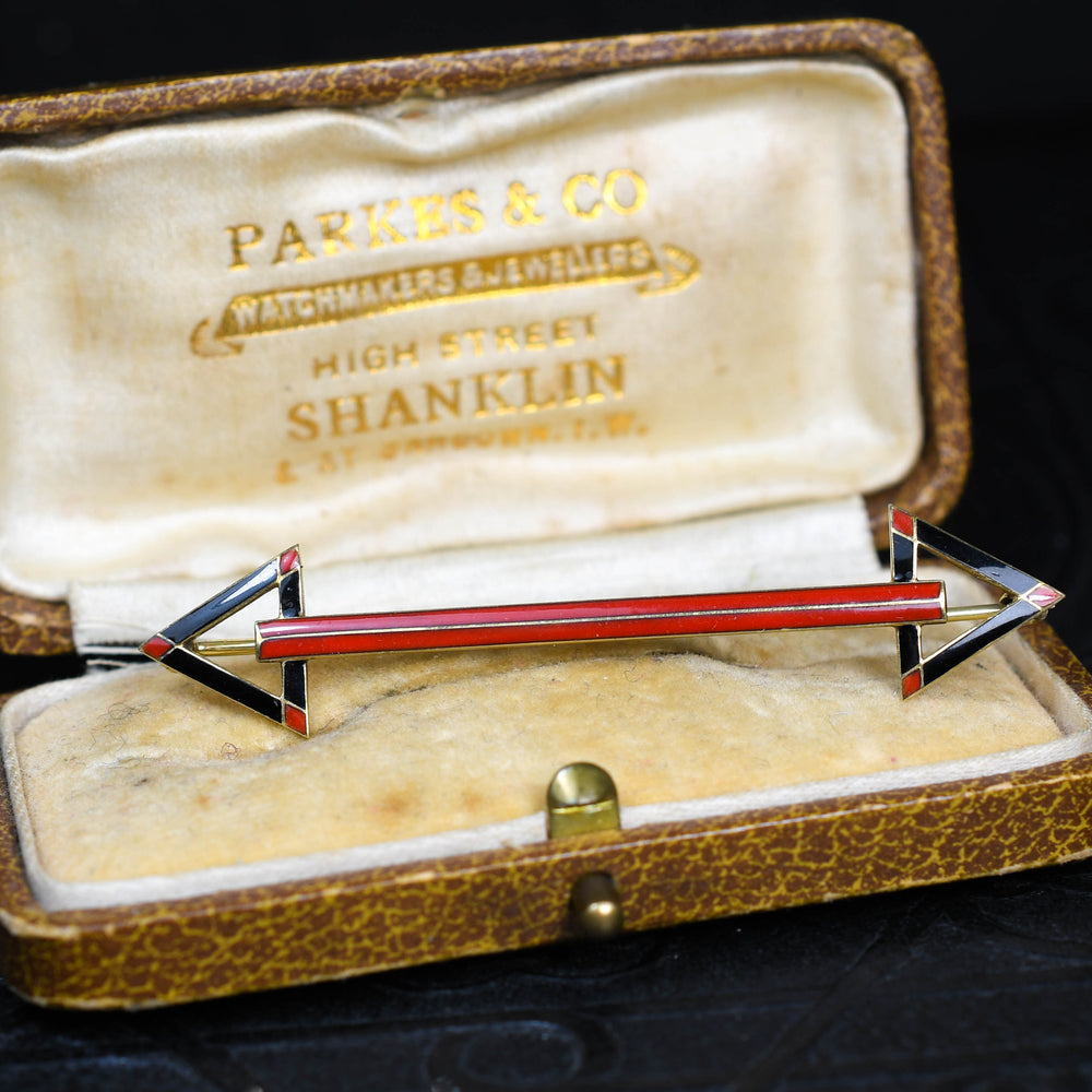 High Art Deco French Enamel Double Arrow Brooch