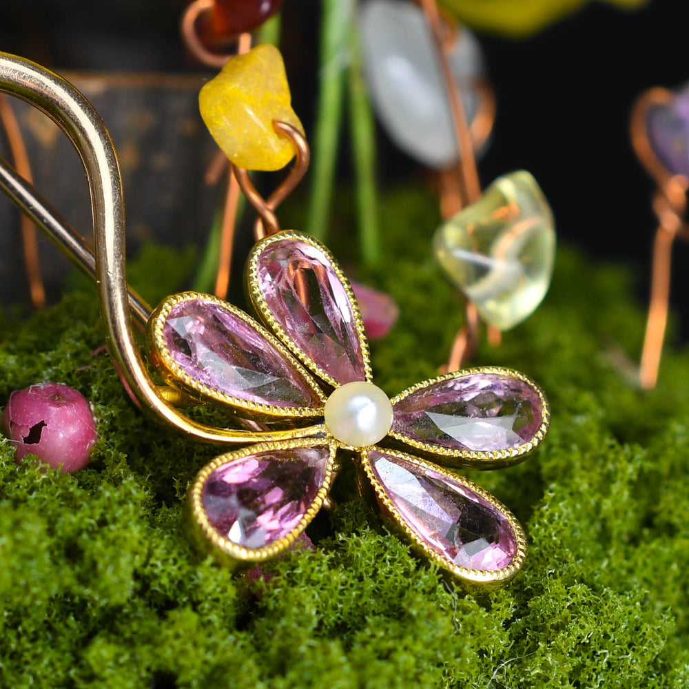 Edwardian Pink Tourmaline & Pearl Flower Pin