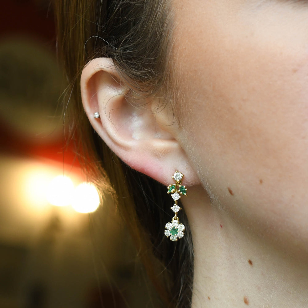 Vintage Emerald & Diamond Flower Drop Earrings