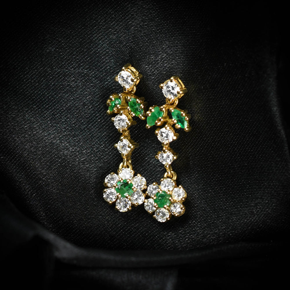 Vintage Emerald & Diamond Flower Drop Earrings