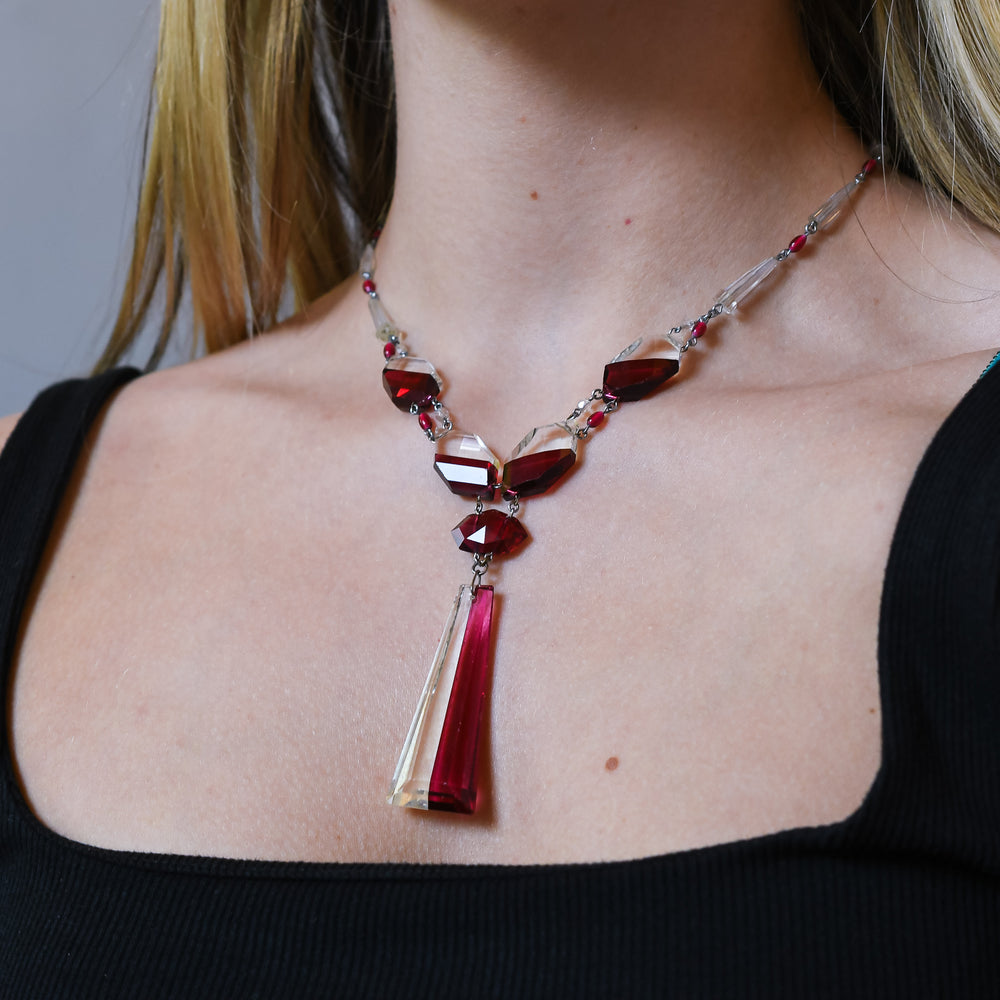 High Art Deco Red & White Glass Drop Necklace