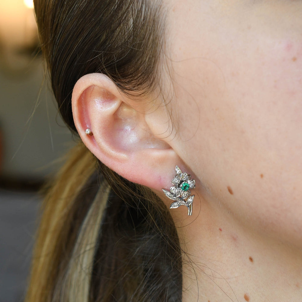 Mid-Century Emerald & Diamond Flower Stud Earrings