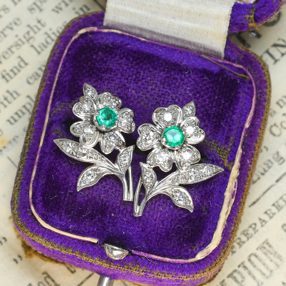 Mid-Century Emerald & Diamond Flower Stud Earrings