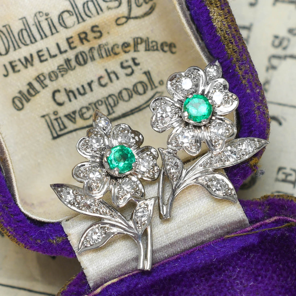 Mid-Century Emerald & Diamond Flower Stud Earrings