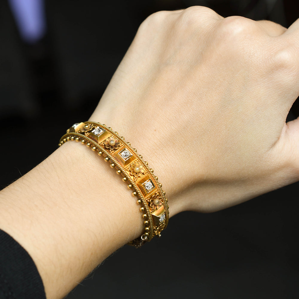 Etruscan Revival Diamond Flower Bangle