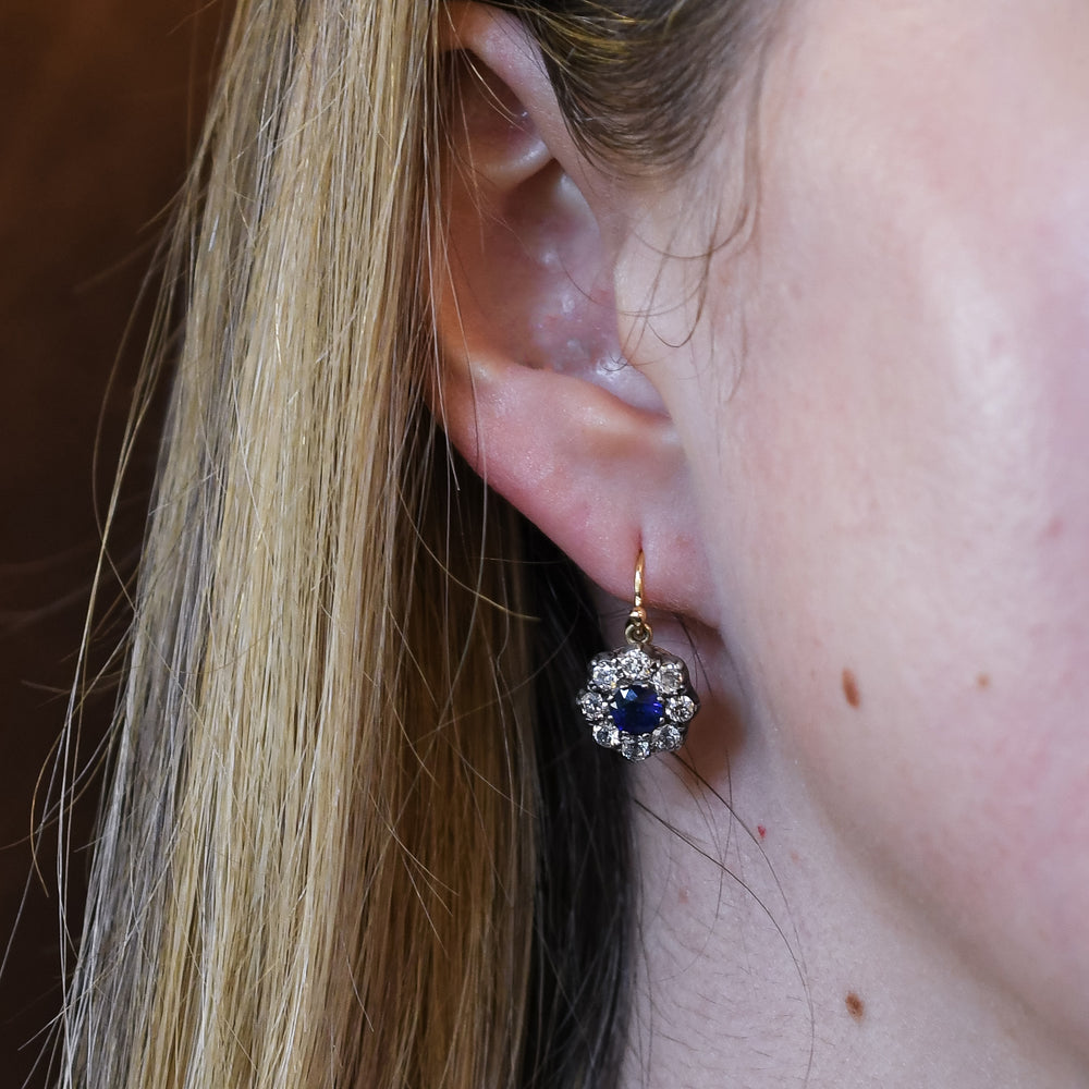 Victorian Sapphire & Diamond Flower Cluster Earrings