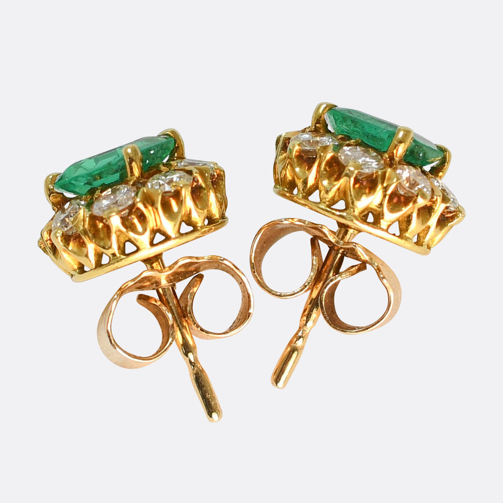 1920's Colombian Emerald & Diamond Cluster Stud Earrings