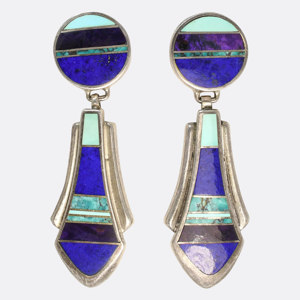 1920's Silver Lapis, Turquoise & Agate Inlay Drop Earrings
