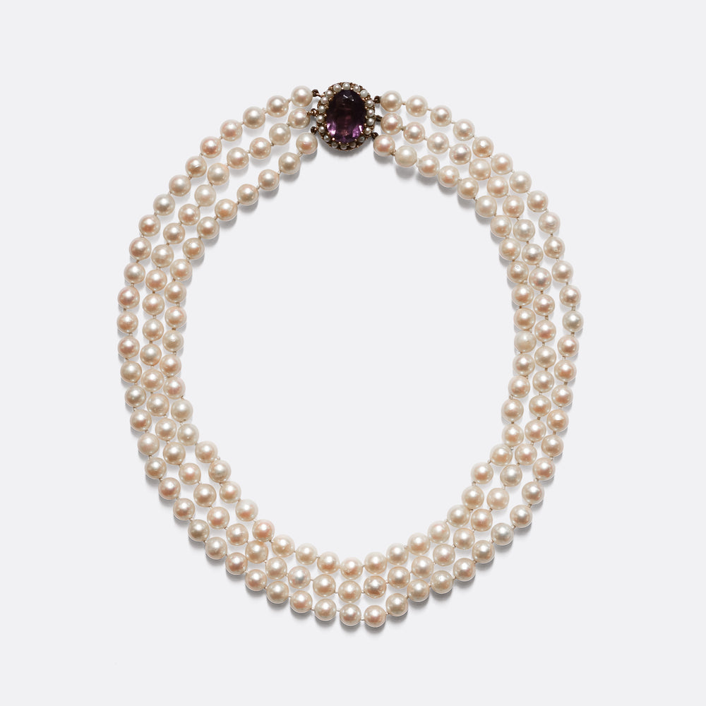 1920's Three Strand Pearl Necklace with Amethyst Clasp