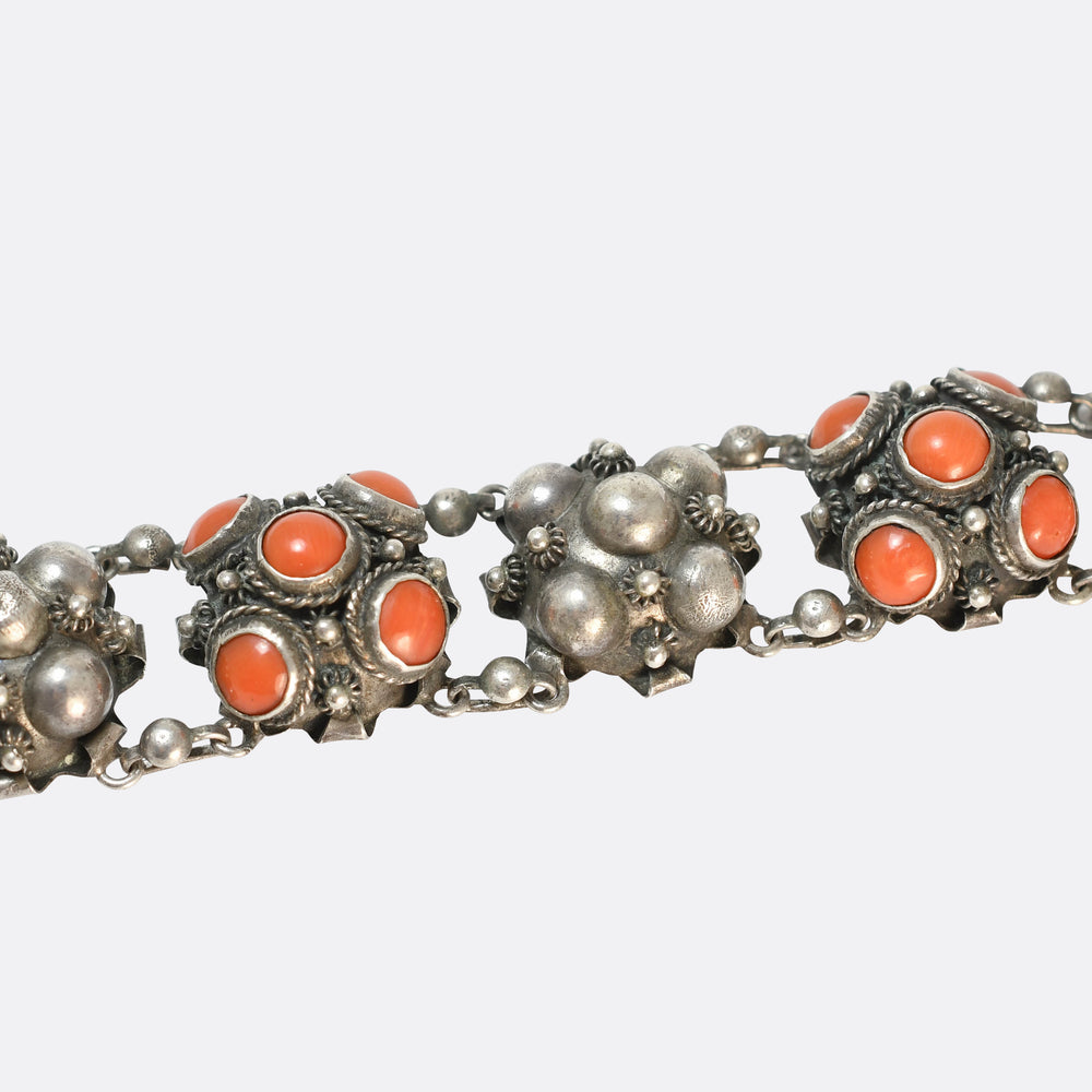 1930's European Coral Silver Pommel Bracelet