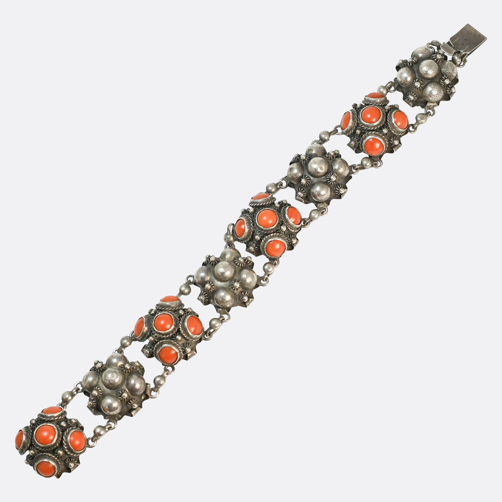 1930's European Coral Silver Pommel Bracelet