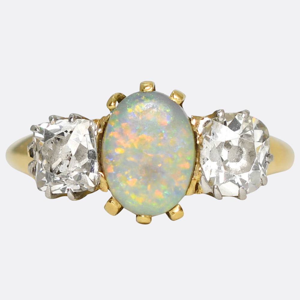 1930's Opal & Cushion Cut Diamond Trilogy Ring