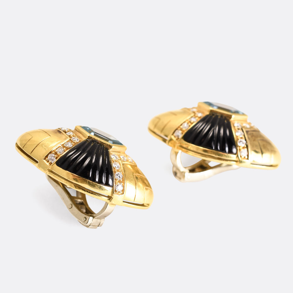 1940's Aquamarine, Diamond & Onyx Earrings