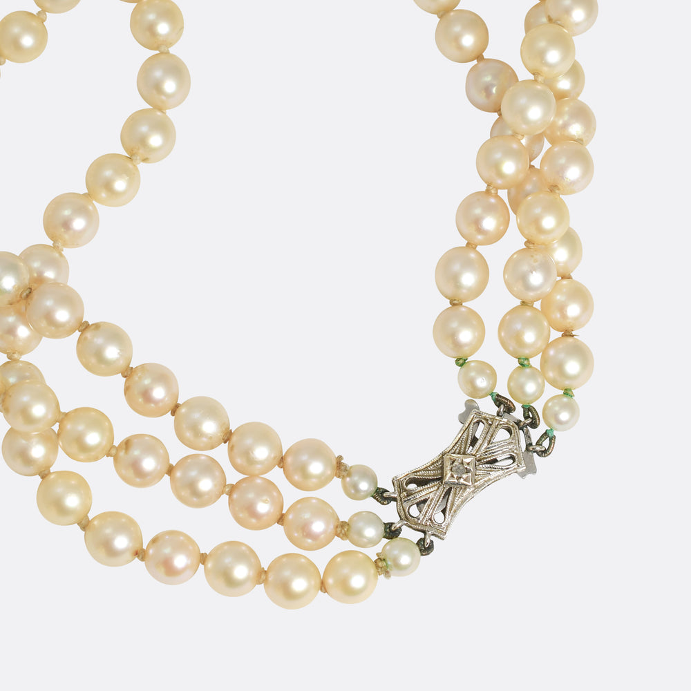 1950's Lotus Cultured Pearl Three-Strand Necklace