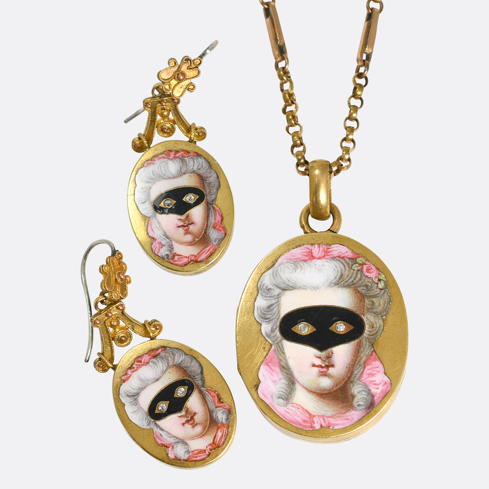 19th Century Enamel & Paste Masquerade Locket & Earrings Suite