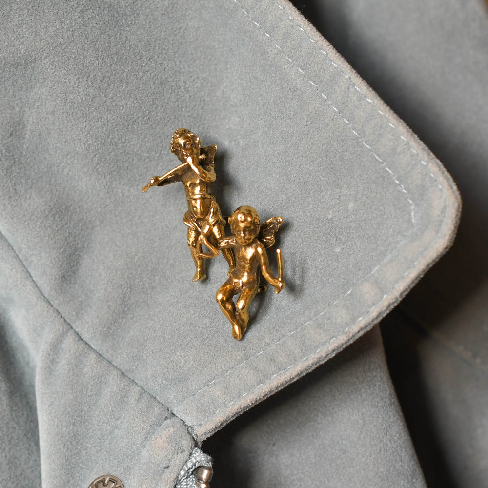Victorian Brass Cherub Brooch Pair