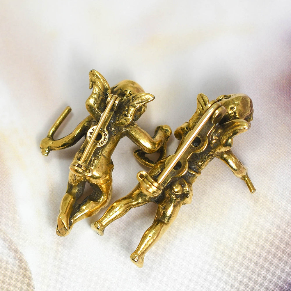 Victorian Brass Cherub Brooch Pair