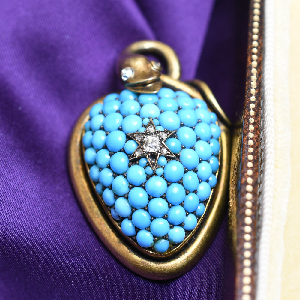18k gold Victorian turquoise & diamond snake heart locket