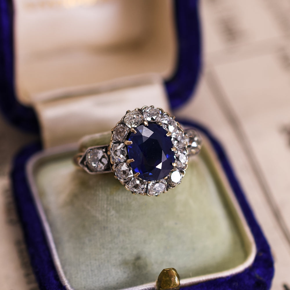Victorian 2.5ct Cushion Cut Sapphire & Diamond Ring