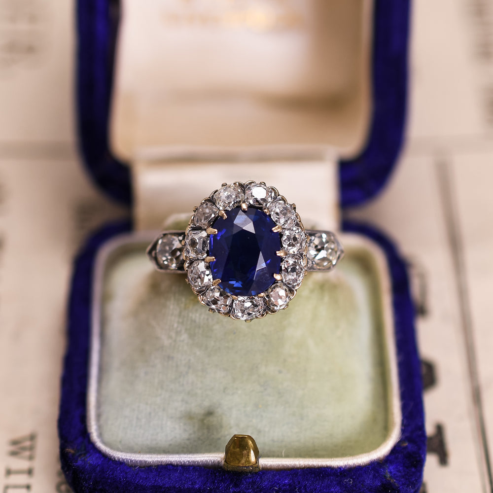 Victorian 2.5ct Cushion Cut Sapphire & Diamond Ring
