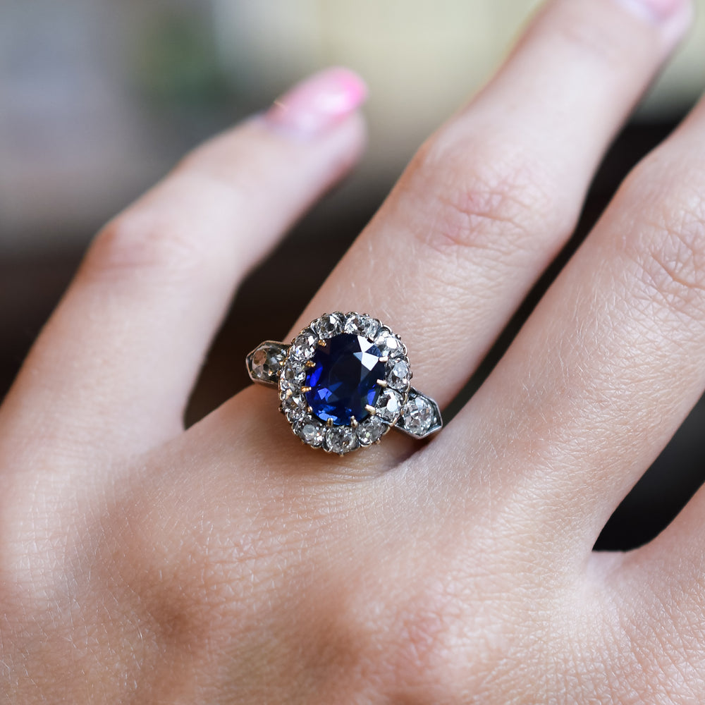 Victorian 2.5ct Cushion Cut Sapphire & Diamond Ring