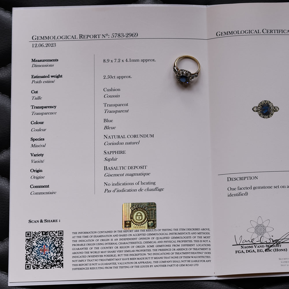 Victorian 2.5ct Cushion Cut Sapphire & Diamond Ring