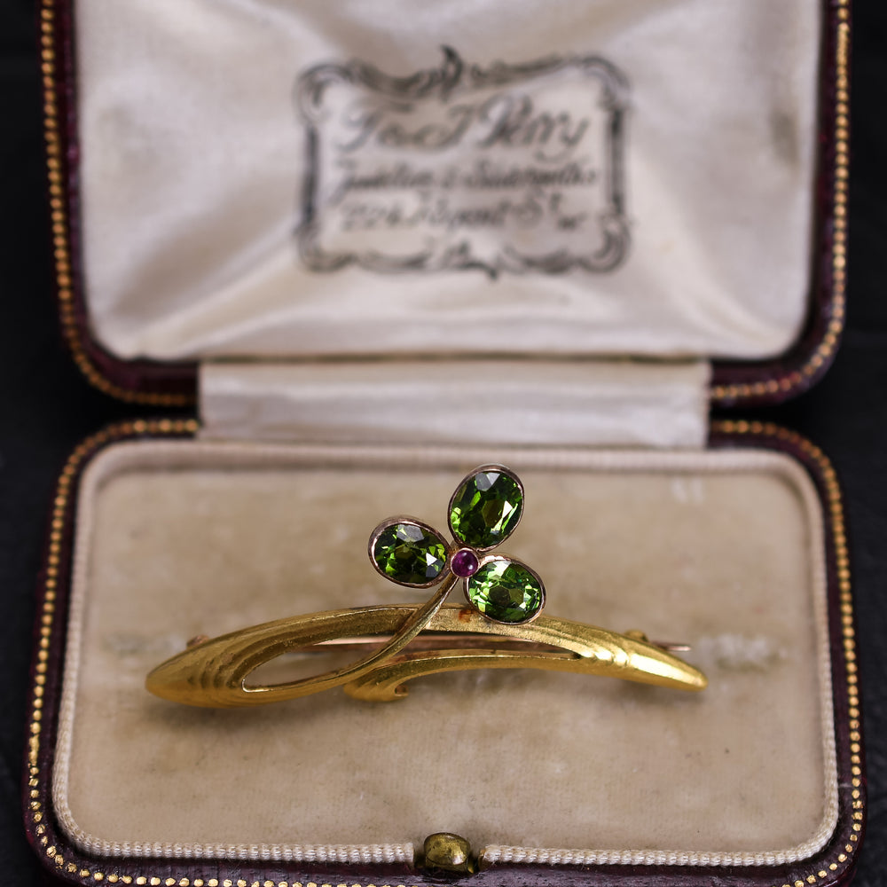Art Nouveau Demantoid Garnet Clover Brooch