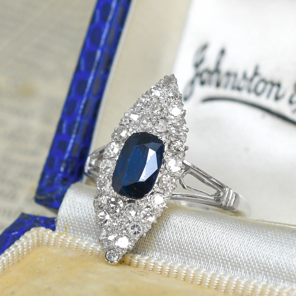 Edwardian Sapphire & Diamond Navette Cluster Ring