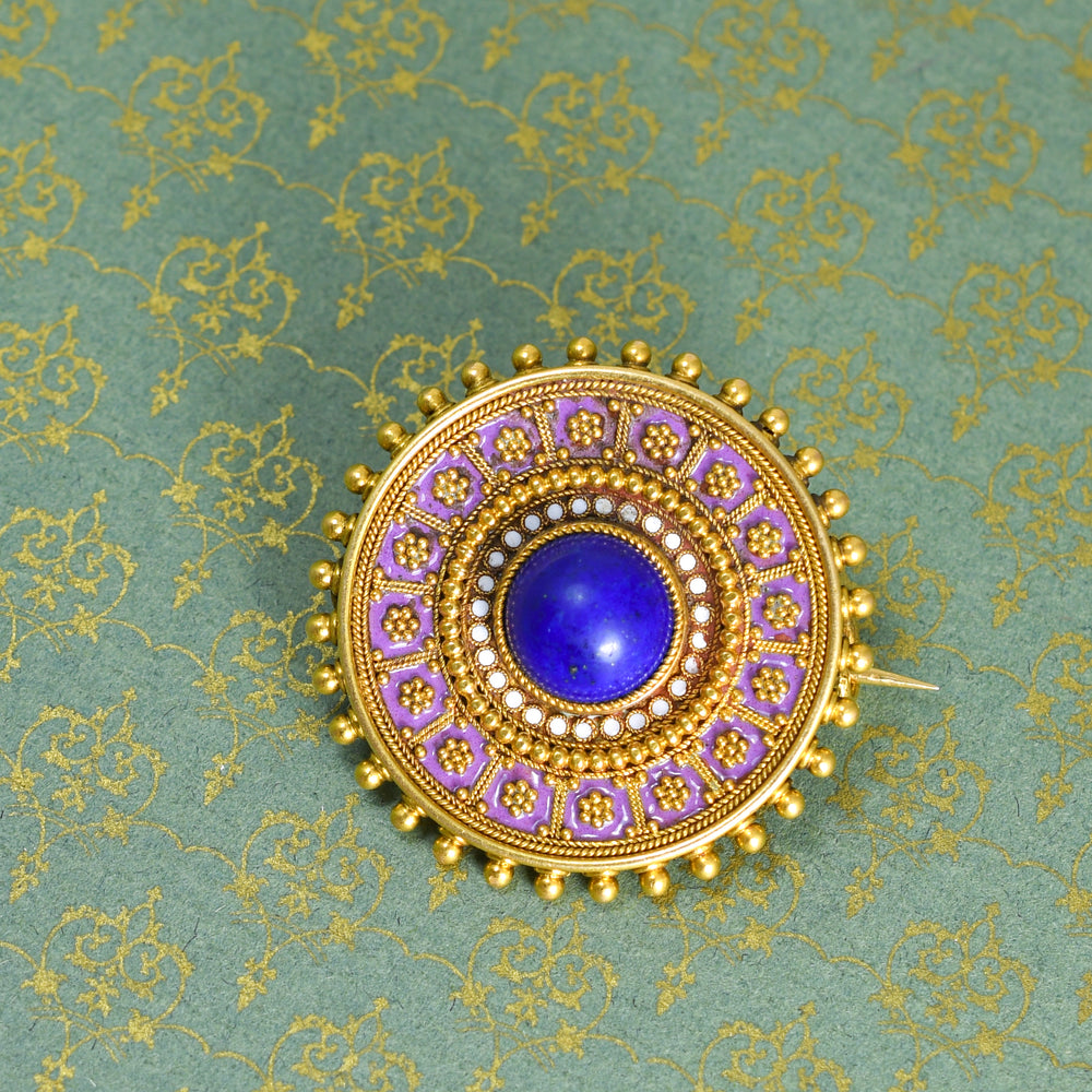 Etruscan Revival 18k Gold Lapis Lazuli & Enamel Brooch