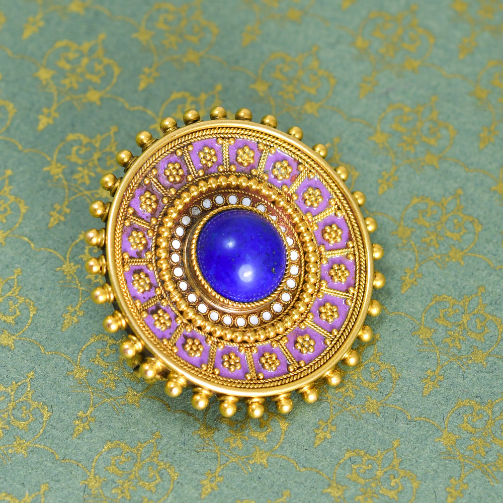 Etruscan Revival 18k Gold Lapis Lazuli & Enamel Brooch