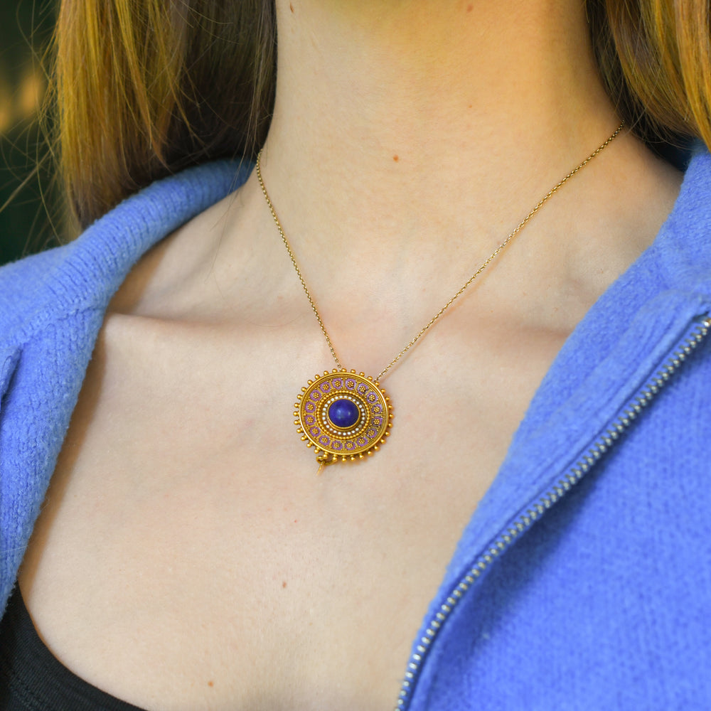 Etruscan Revival 18k Gold Lapis Lazuli & Enamel Brooch