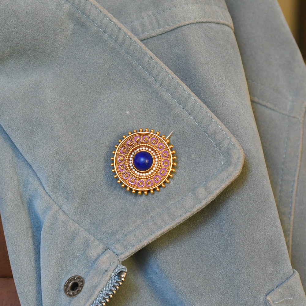 Etruscan Revival 18k Gold Lapis Lazuli & Enamel Brooch