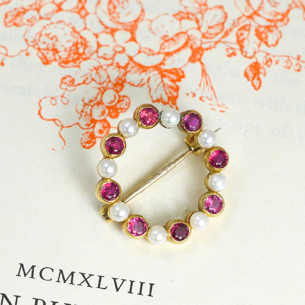 Vintage Ruby & Pearl Halo Brooch by Cropp & Farr