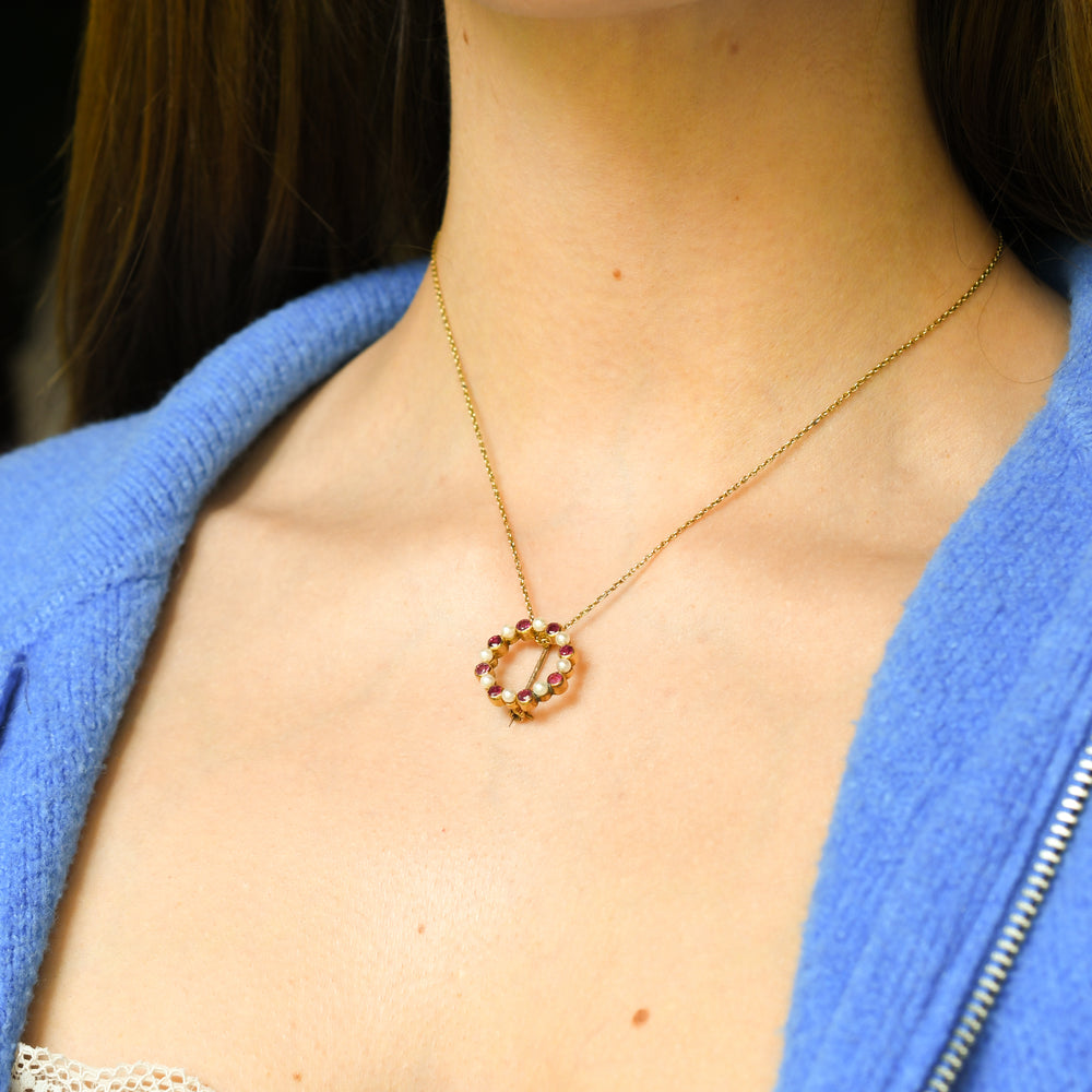 Vintage Ruby & Pearl Halo Brooch by Cropp & Farr