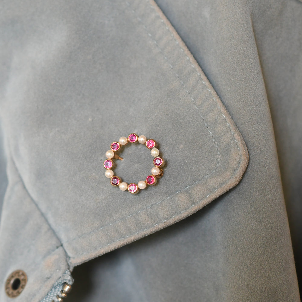 Vintage Ruby & Pearl Halo Brooch by Cropp & Farr