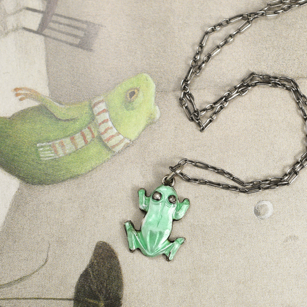 1920's Enamel Frog Charm & Chain