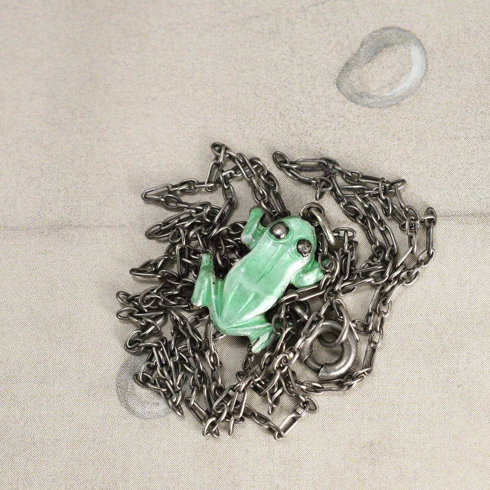 1920's Enamel Frog Charm & Chain